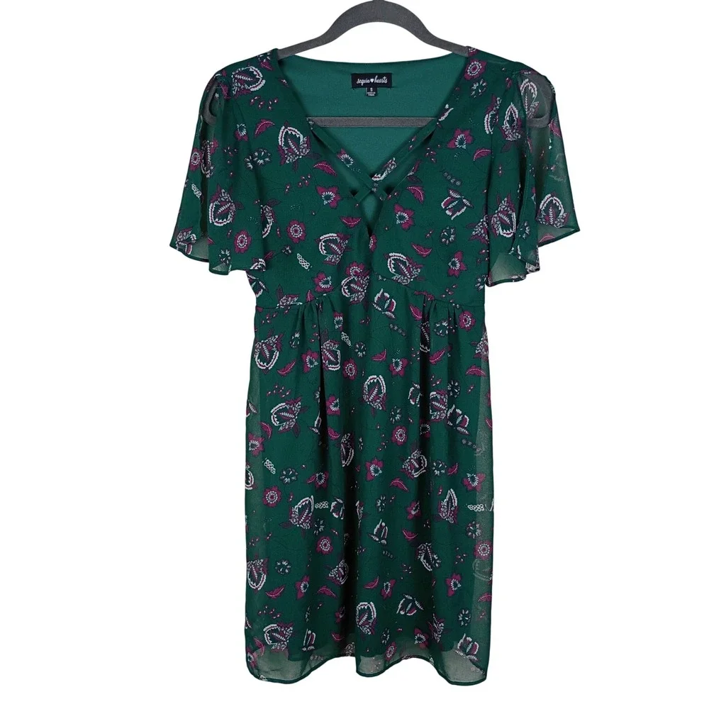 Sequin Hearts Green Floral Crisscross V-Neck Flutter Sleeve Mini Dress Small